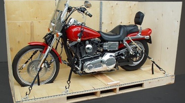 International motorcyle shipping uk service with crated Harley-Davidson motorcycle ready for export