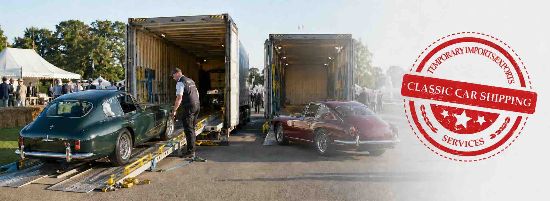 Car freight companies loading classic cars into containers for temporary import and export shipping.